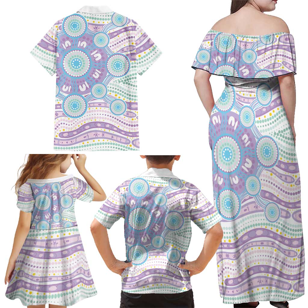 Australian Indigenous Aboriginal Art Family Matching Off Shoulder Maxi Dress and Hawaiian Shirt Vivid Pastel Pink Teal