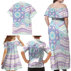 Australian Indigenous Aboriginal Art Family Matching Off Shoulder Maxi Dress and Hawaiian Shirt Vivid Pastel Pink Teal