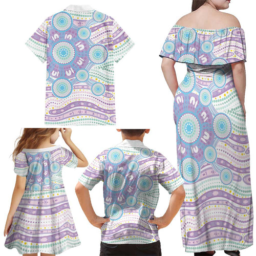 Australian Indigenous Aboriginal Art Family Matching Off Shoulder Maxi Dress and Hawaiian Shirt Vivid Pastel Pink Teal