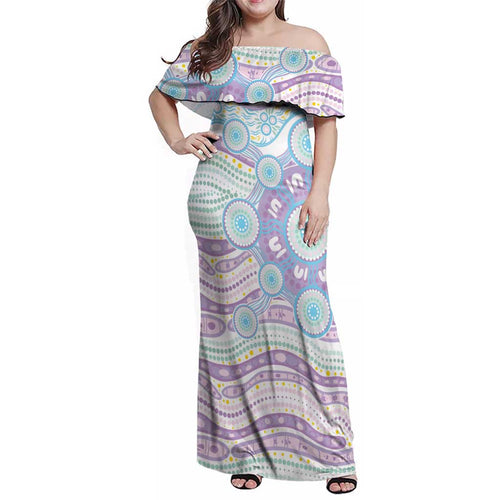 Australian Indigenous Aboriginal Art Family Matching Off Shoulder Maxi Dress and Hawaiian Shirt Vivid Pastel Pink Teal