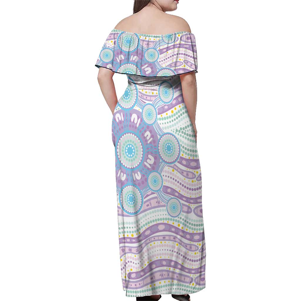 Australian Indigenous Aboriginal Art Family Matching Off Shoulder Maxi Dress and Hawaiian Shirt Vivid Pastel Pink Teal