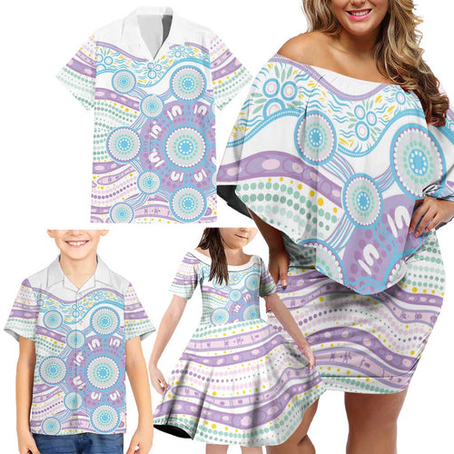 Australian Indigenous Aboriginal Art Family Matching Off Shoulder Short Dress and Hawaiian Shirt Vivid Pastel Pink Teal