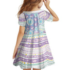 Australian Indigenous Aboriginal Art Family Matching Off Shoulder Short Dress and Hawaiian Shirt Vivid Pastel Pink Teal