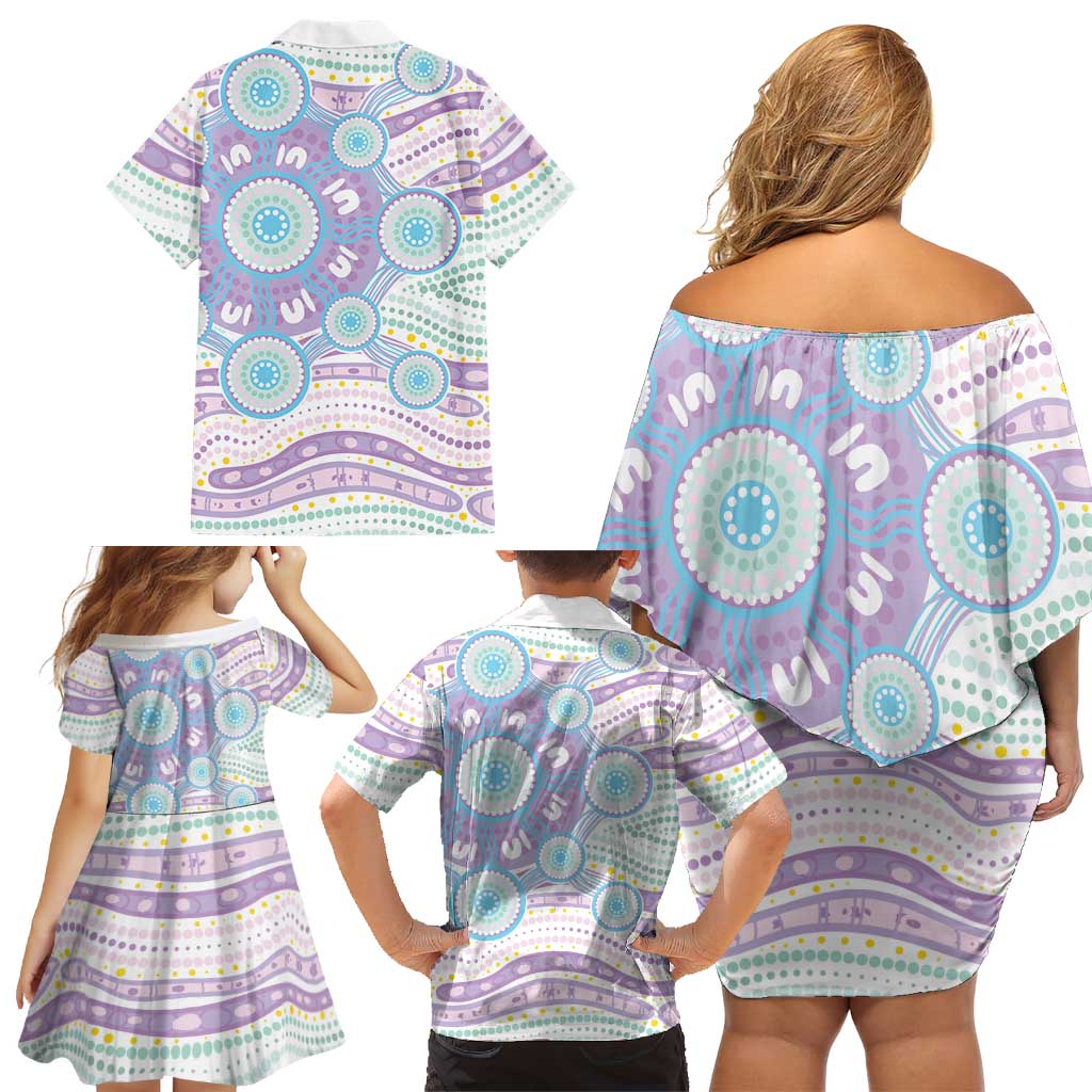 Australian Indigenous Aboriginal Art Family Matching Off Shoulder Short Dress and Hawaiian Shirt Vivid Pastel Pink Teal