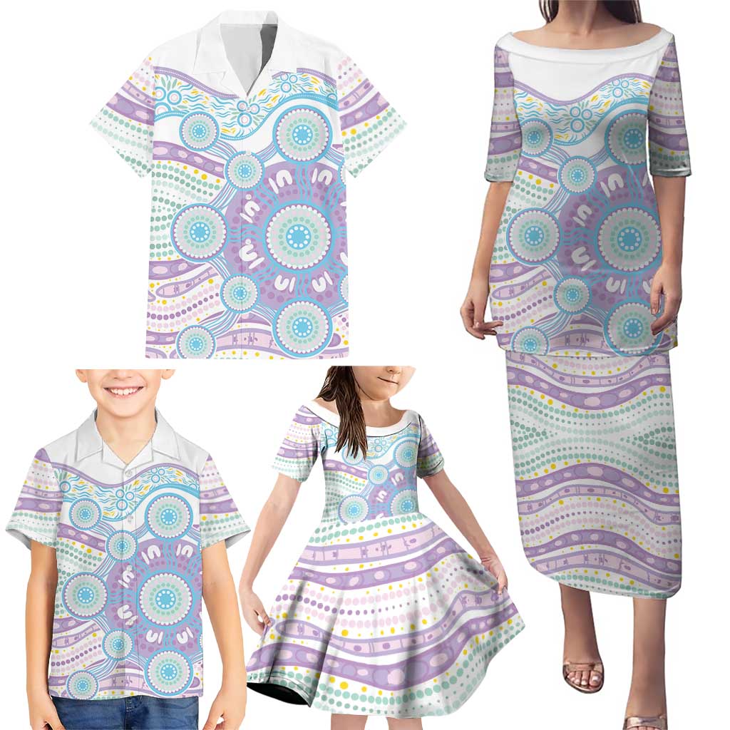 Australian Indigenous Aboriginal Art Family Matching Puletasi and Hawaiian Shirt Vivid Pastel Pink Teal