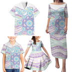 Australian Indigenous Aboriginal Art Family Matching Puletasi and Hawaiian Shirt Vivid Pastel Pink Teal