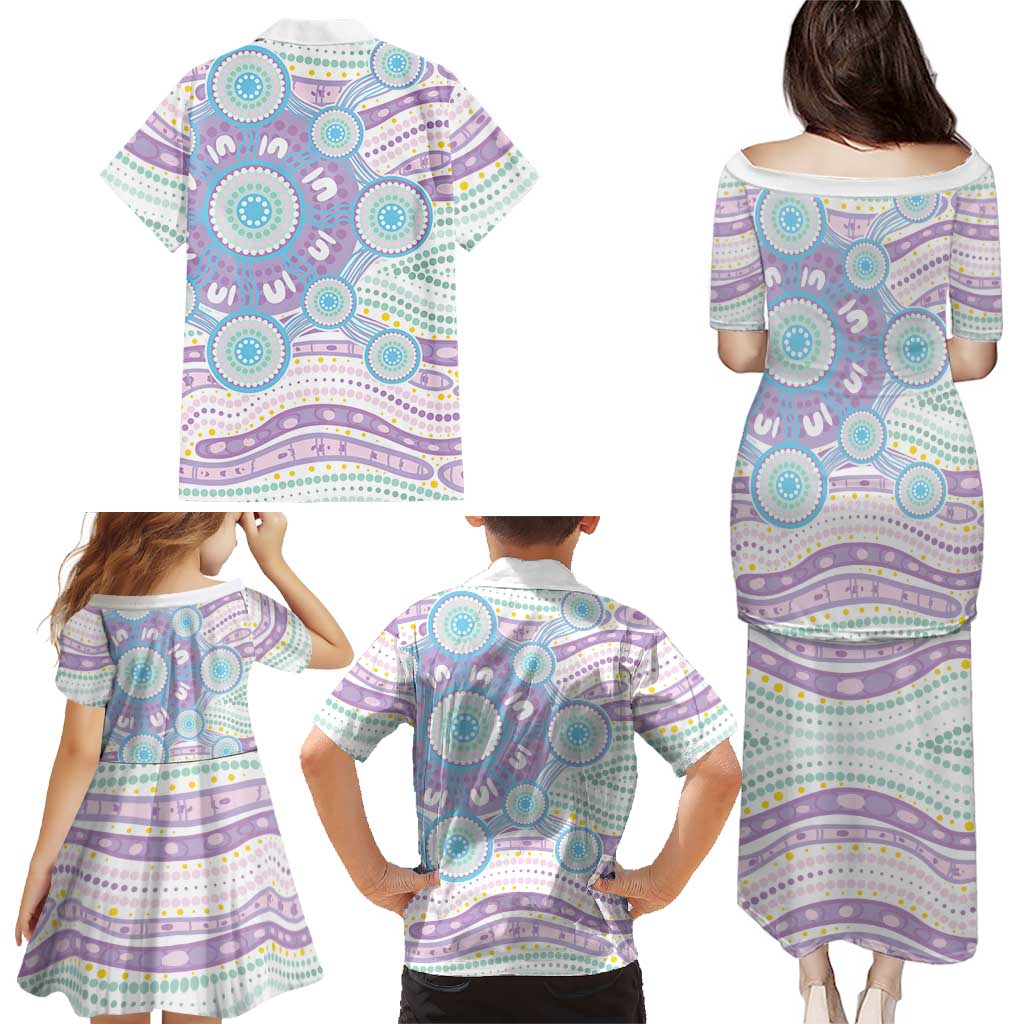 Australian Indigenous Aboriginal Art Family Matching Puletasi and Hawaiian Shirt Vivid Pastel Pink Teal