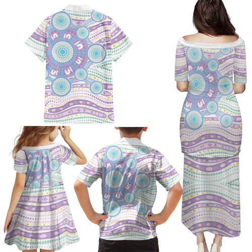 Australian Indigenous Aboriginal Art Family Matching Puletasi and Hawaiian Shirt Vivid Pastel Pink Teal