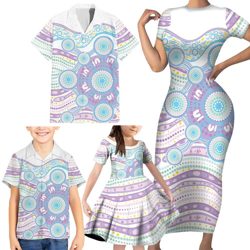 Australian Indigenous Aboriginal Art Family Matching Short Sleeve Bodycon Dress and Hawaiian Shirt Vivid Pastel Pink Teal