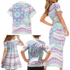 Australian Indigenous Aboriginal Art Family Matching Short Sleeve Bodycon Dress and Hawaiian Shirt Vivid Pastel Pink Teal