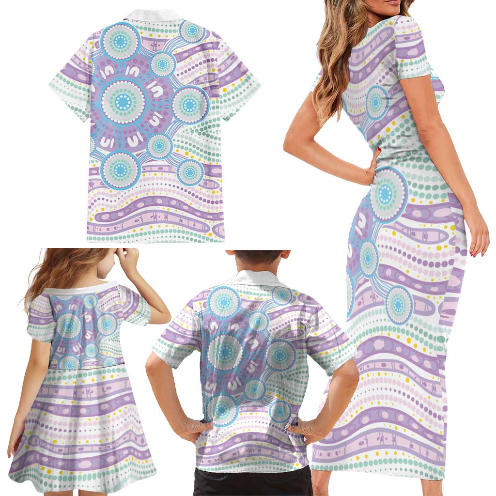 Australian Indigenous Aboriginal Art Family Matching Short Sleeve Bodycon Dress and Hawaiian Shirt Vivid Pastel Pink Teal