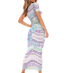 Australian Indigenous Aboriginal Art Family Matching Short Sleeve Bodycon Dress and Hawaiian Shirt Vivid Pastel Pink Teal