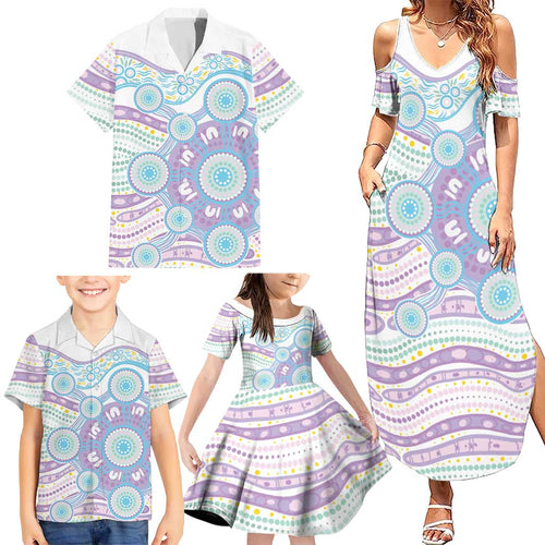 Australian Indigenous Aboriginal Art Family Matching Summer Maxi Dress and Hawaiian Shirt Vivid Pastel Pink Teal