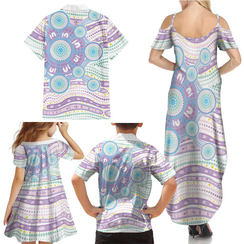 Australian Indigenous Aboriginal Art Family Matching Summer Maxi Dress and Hawaiian Shirt Vivid Pastel Pink Teal