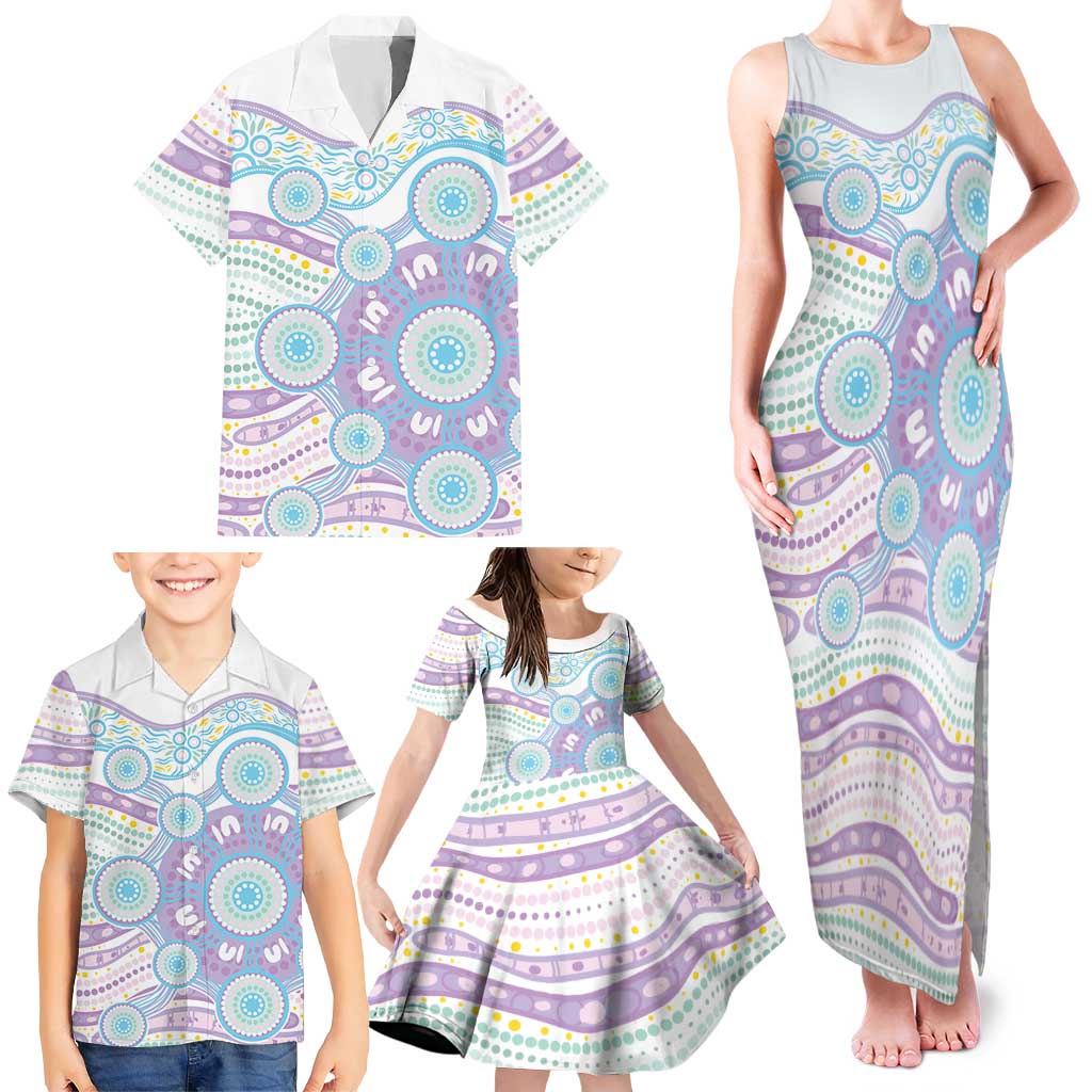 Australian Indigenous Aboriginal Art Family Matching Tank Maxi Dress and Hawaiian Shirt Vivid Pastel Pink Teal