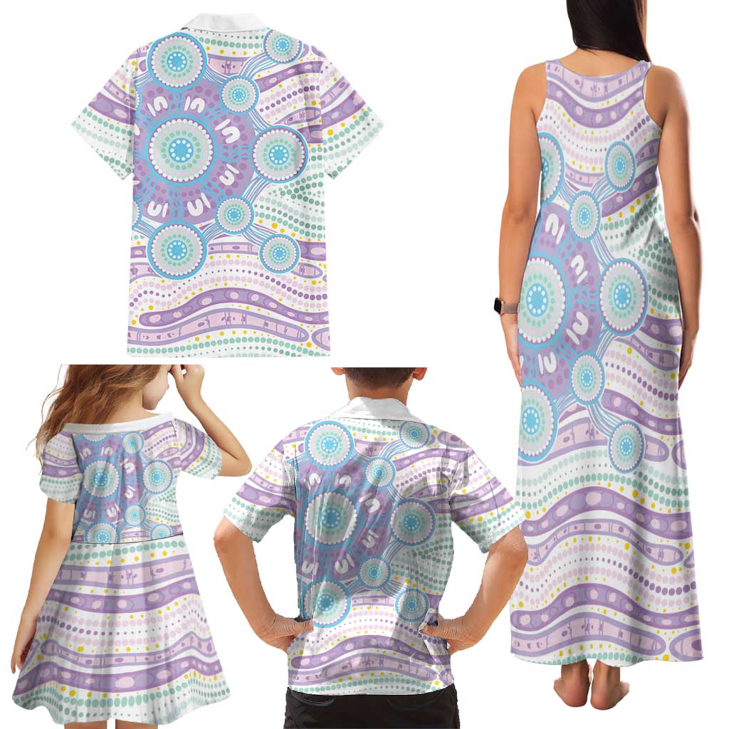 Australian Indigenous Aboriginal Art Family Matching Tank Maxi Dress and Hawaiian Shirt Vivid Pastel Pink Teal