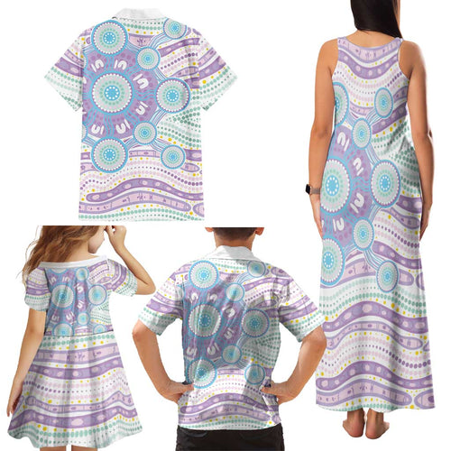 Australian Indigenous Aboriginal Art Family Matching Tank Maxi Dress and Hawaiian Shirt Vivid Pastel Pink Teal