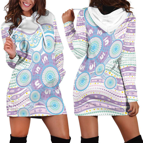 Australian Indigenous Aboriginal Art Hoodie Dress Vivid Pastel Pink Teal