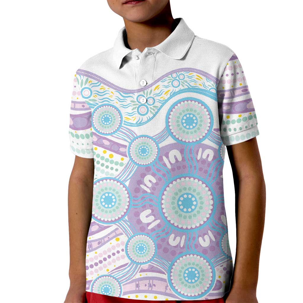 Australian Indigenous Aboriginal Art Kid Polo Shirt Vivid Pastel Pink Teal