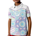 Australian Indigenous Aboriginal Art Kid Polo Shirt Vivid Pastel Pink Teal
