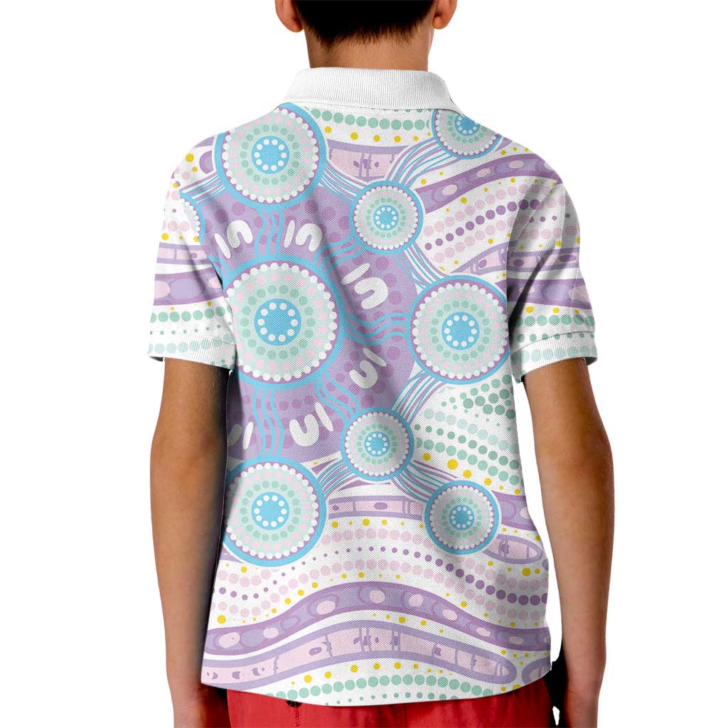 Australian Indigenous Aboriginal Art Kid Polo Shirt Vivid Pastel Pink Teal