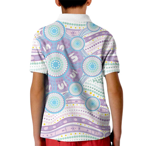Australian Indigenous Aboriginal Art Kid Polo Shirt Vivid Pastel Pink Teal