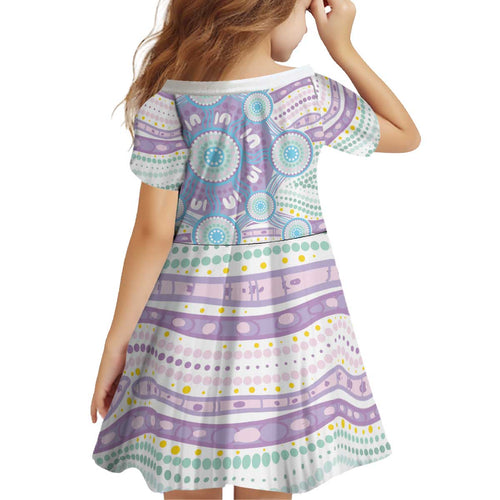 Australian Indigenous Aboriginal Art Kid Short Sleeve Dress Vivid Pastel Pink Teal