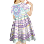 Australian Indigenous Aboriginal Art Kid Short Sleeve Dress Vivid Pastel Pink Teal