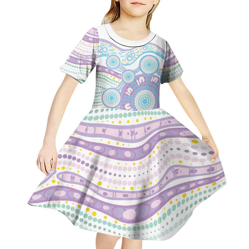 Australian Indigenous Aboriginal Art Kid Short Sleeve Dress Vivid Pastel Pink Teal