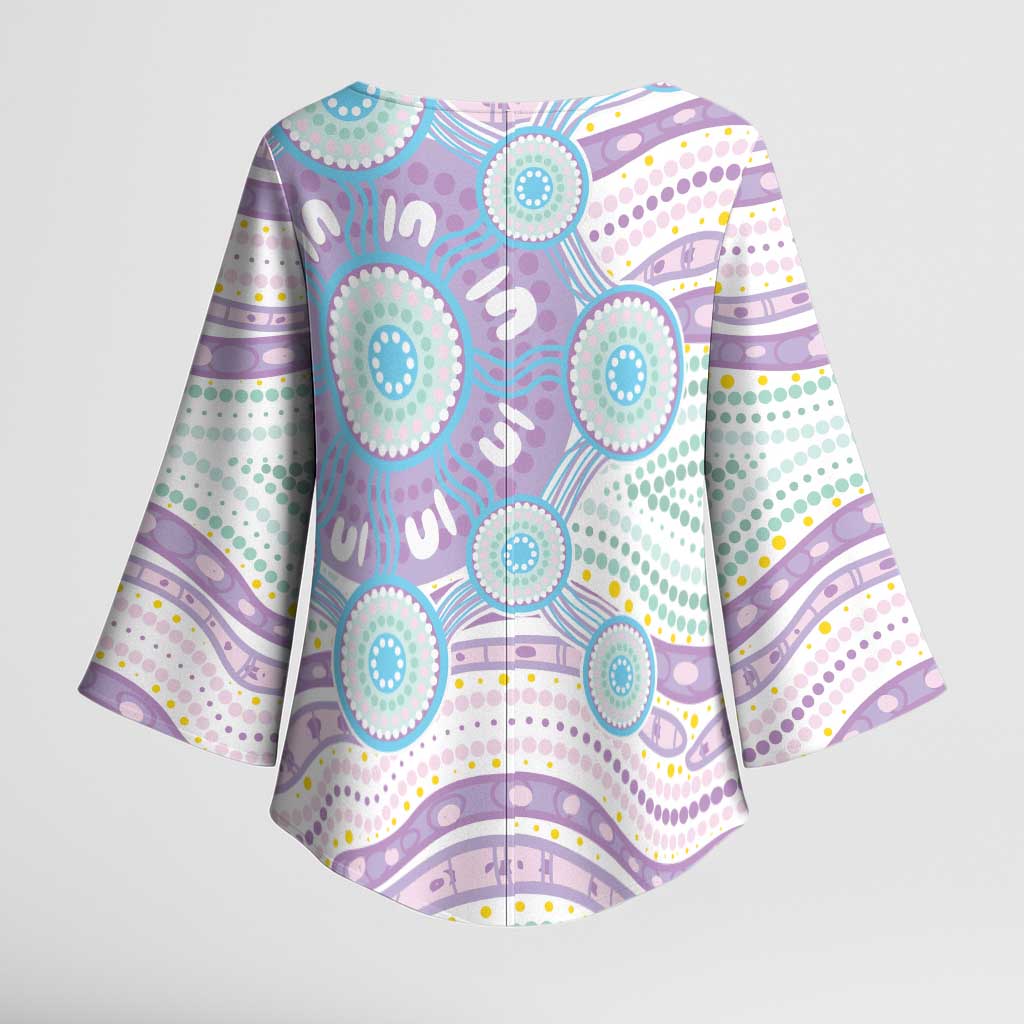 Australian Indigenous Aboriginal Art Kimono Sleeve Blouse Vivid Pastel Pink Teal