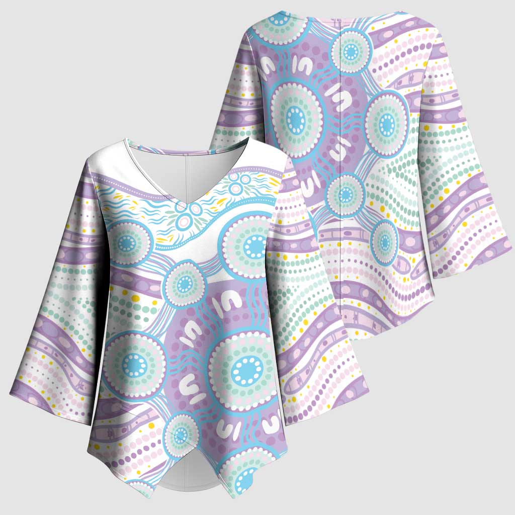 Australian Indigenous Aboriginal Art Kimono Sleeve Blouse Vivid Pastel Pink Teal