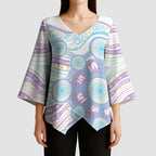 Australian Indigenous Aboriginal Art Kimono Sleeve Blouse Vivid Pastel Pink Teal