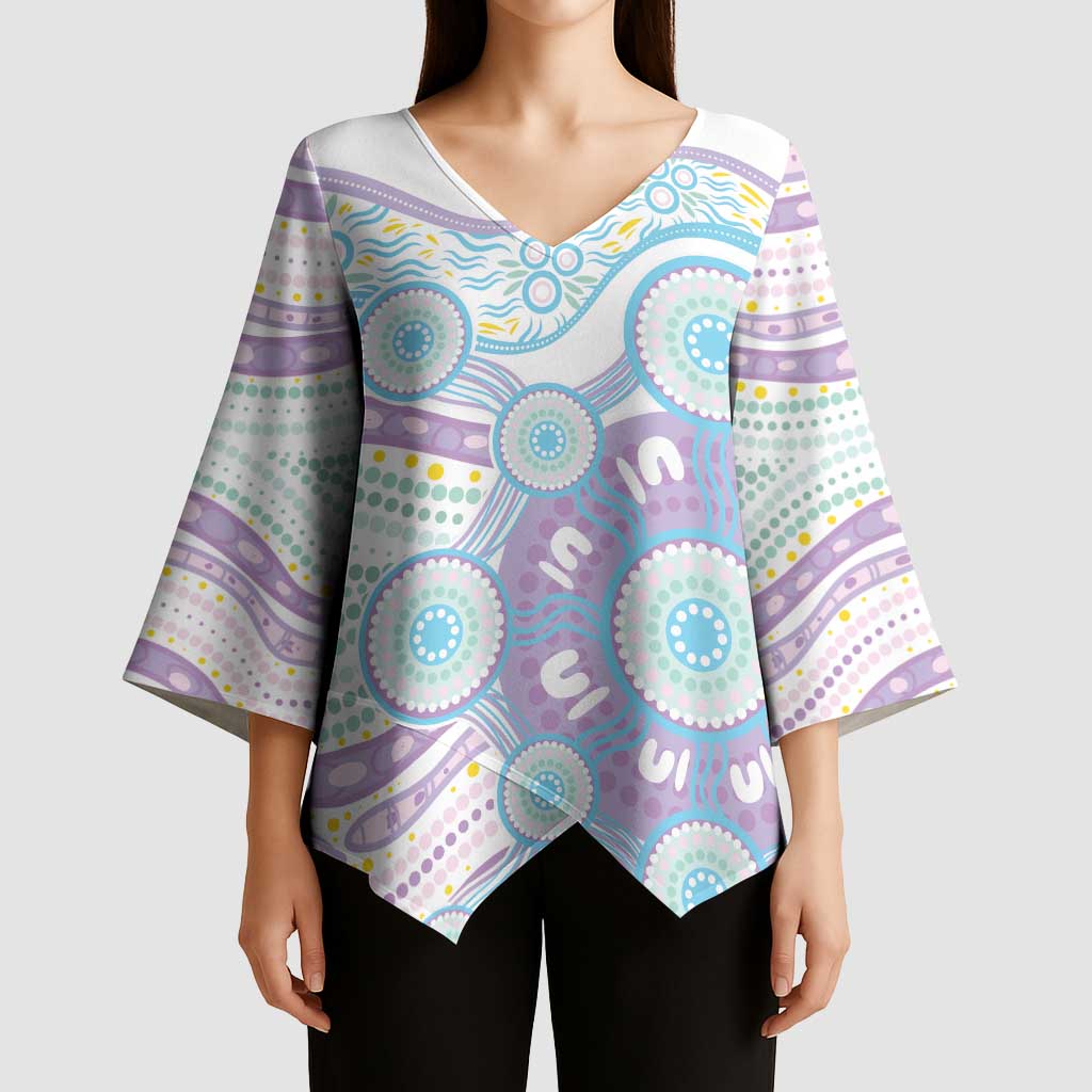 Australian Indigenous Aboriginal Art Kimono Sleeve Blouse Vivid Pastel Pink Teal