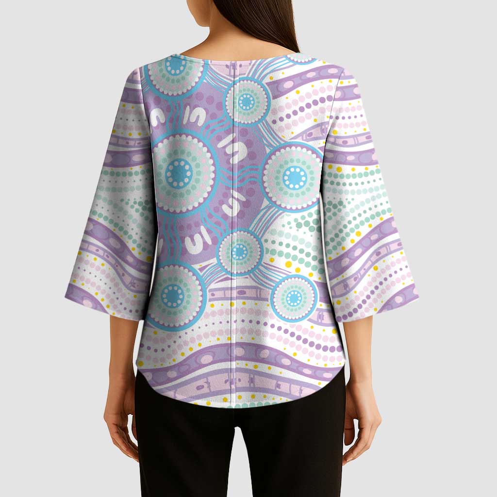 Australian Indigenous Aboriginal Art Kimono Sleeve Blouse Vivid Pastel Pink Teal