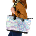 Australian Indigenous Aboriginal Art Leather Tote Bag Vivid Pastel Pink Teal