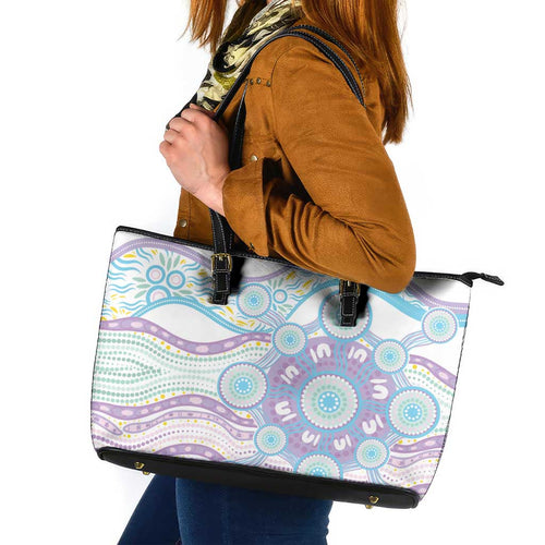 Australian Indigenous Aboriginal Art Leather Tote Bag Vivid Pastel Pink Teal