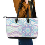 Australian Indigenous Aboriginal Art Leather Tote Bag Vivid Pastel Pink Teal