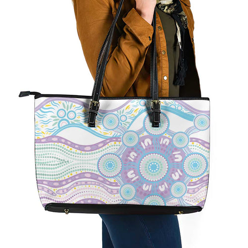 Australian Indigenous Aboriginal Art Leather Tote Bag Vivid Pastel Pink Teal