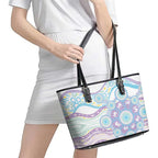 Australian Indigenous Aboriginal Art Leather Tote Bag Vivid Pastel Pink Teal