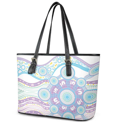 Australian Indigenous Aboriginal Art Leather Tote Bag Vivid Pastel Pink Teal