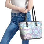 Australian Indigenous Aboriginal Art Leather Tote Bag Vivid Pastel Pink Teal