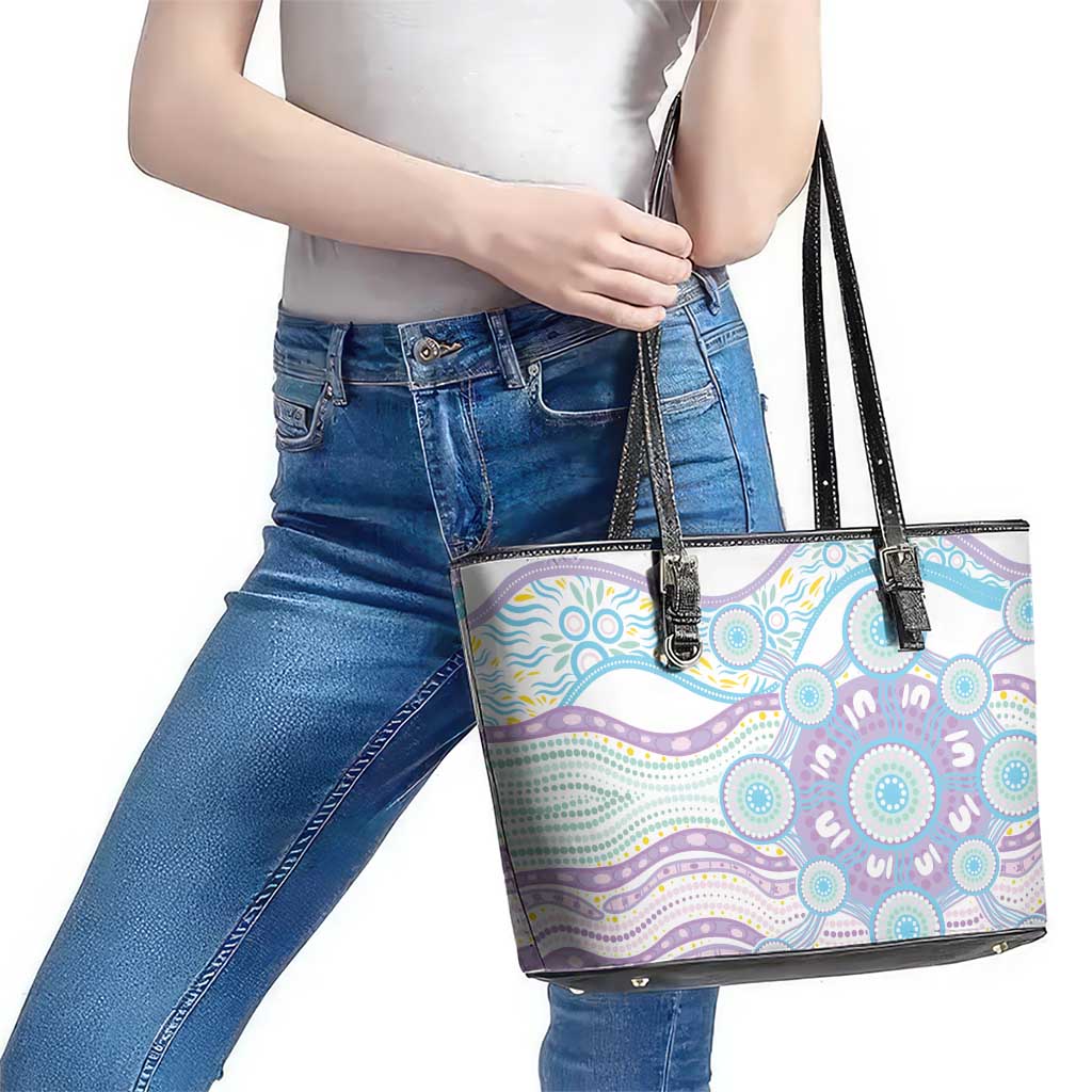 Australian Indigenous Aboriginal Art Leather Tote Bag Vivid Pastel Pink Teal