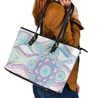 Australian Indigenous Aboriginal Art Leather Tote Bag Vivid Pastel Pink Teal