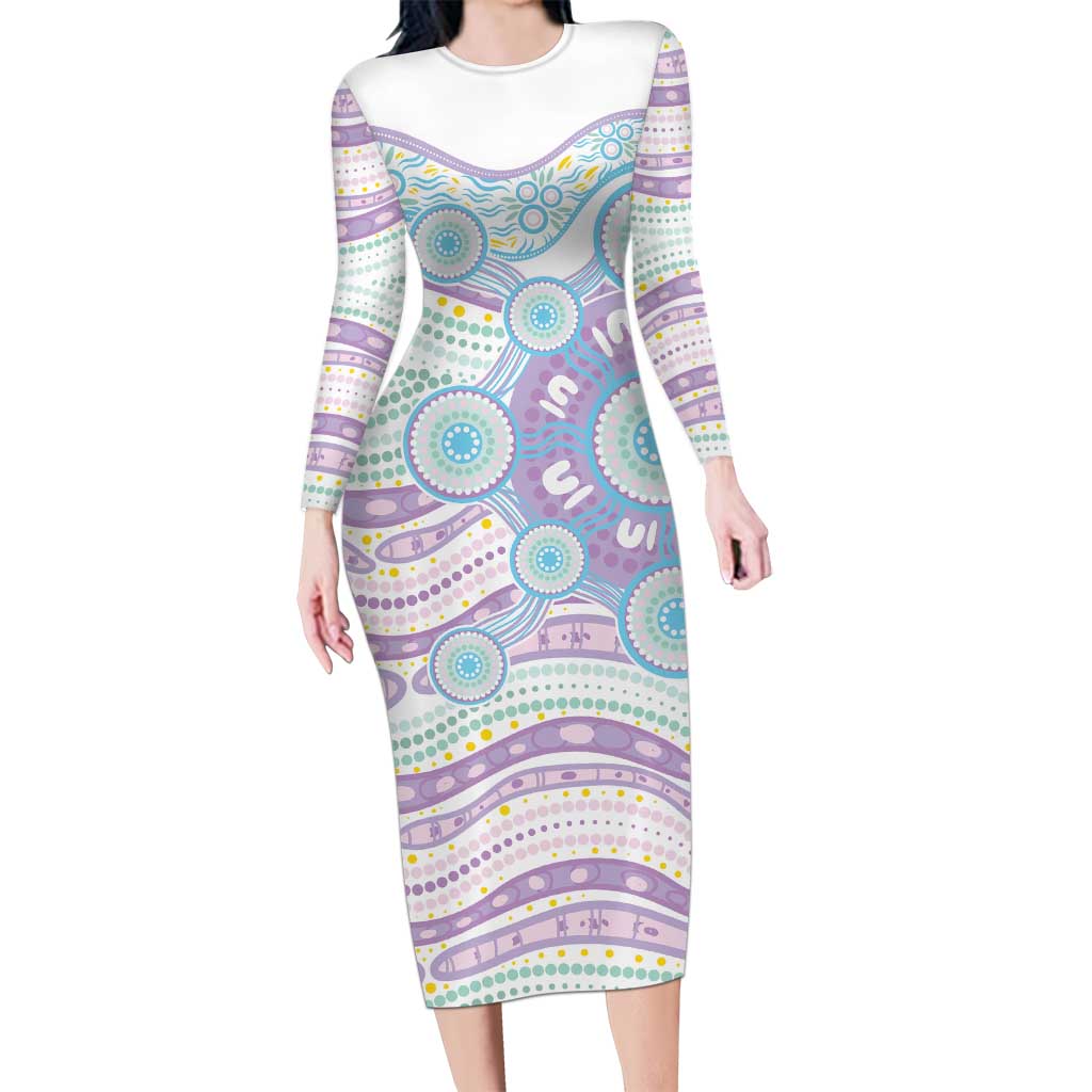 Australian Indigenous Aboriginal Art Long Sleeve Bodycon Dress Vivid Pastel Pink Teal