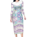 Australian Indigenous Aboriginal Art Long Sleeve Bodycon Dress Vivid Pastel Pink Teal