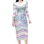 Australian Indigenous Aboriginal Art Long Sleeve Bodycon Dress Vivid Pastel Pink Teal