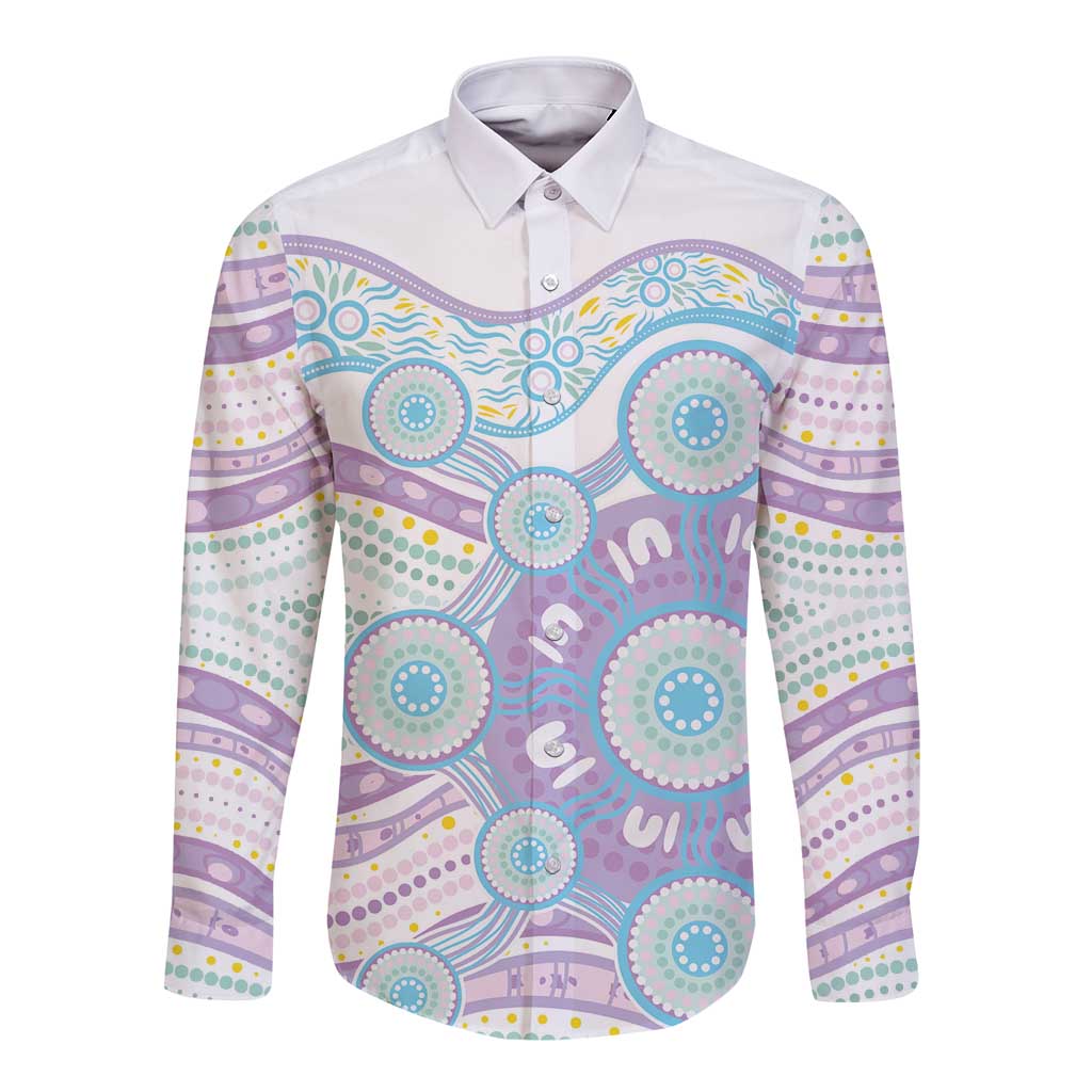 Australian Indigenous Aboriginal Art Long Sleeve Button Shirt Vivid Pastel Pink Teal