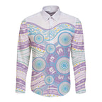 Australian Indigenous Aboriginal Art Long Sleeve Button Shirt Vivid Pastel Pink Teal