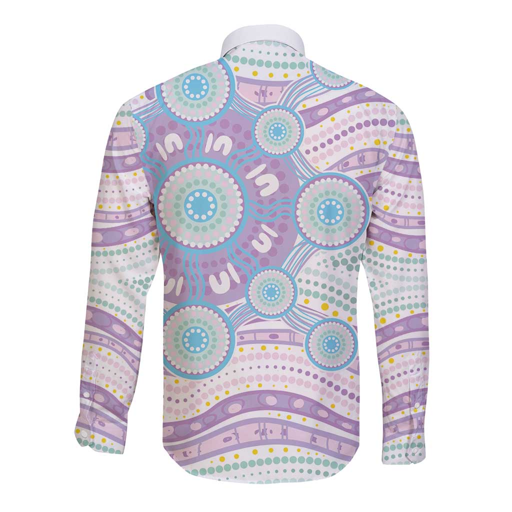Australian Indigenous Aboriginal Art Long Sleeve Button Shirt Vivid Pastel Pink Teal