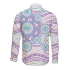 Australian Indigenous Aboriginal Art Long Sleeve Button Shirt Vivid Pastel Pink Teal